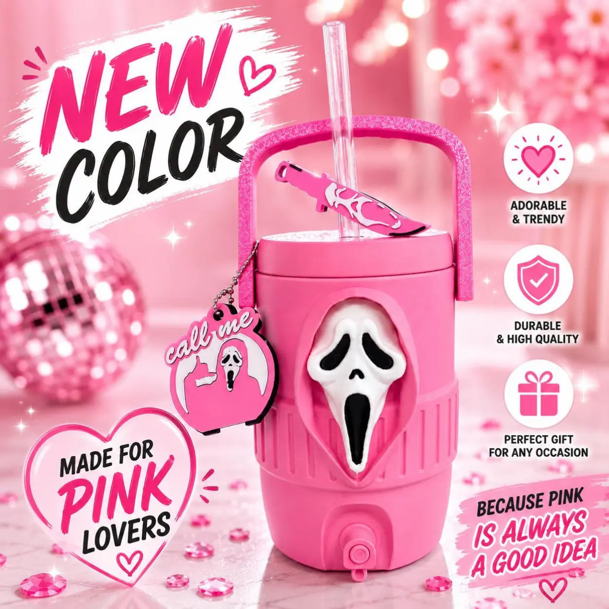 Pink horror can holder | 3d printed mini cooler jug | scream horror gift + keychain