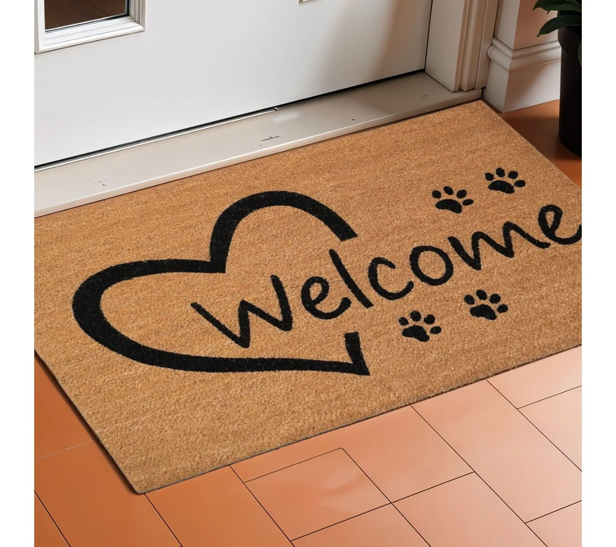HomeRoots17" X 29" Natural & Black Pawprint Welcome Door Mat