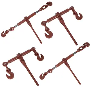 4-Pack Heavy-Duty Steel Ratchet Binders, 5/16"-3/8" Size, 5400lbs Working Load Capacity, G70 Hooks, Adjustable Length, Red Color