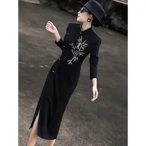 Lancer 2025 Autumn New Chinese Style Heavywork Embroidered Modified Qipao Dress Black Split Skirt