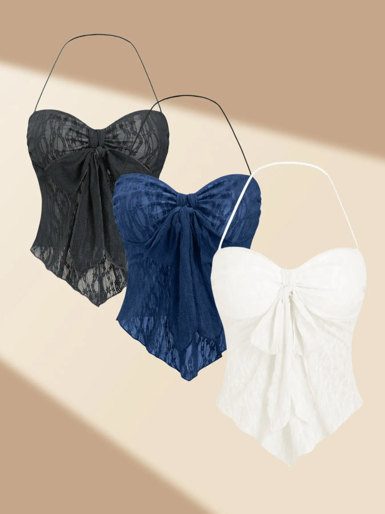 Summer Trendy Lace Halter Neck Backless Bow Front Cami Top Halter Tank Top Pure Color Women's Shirt Three-Piece Set, Sexy Fitted Design, Plain Pattern Womenswear