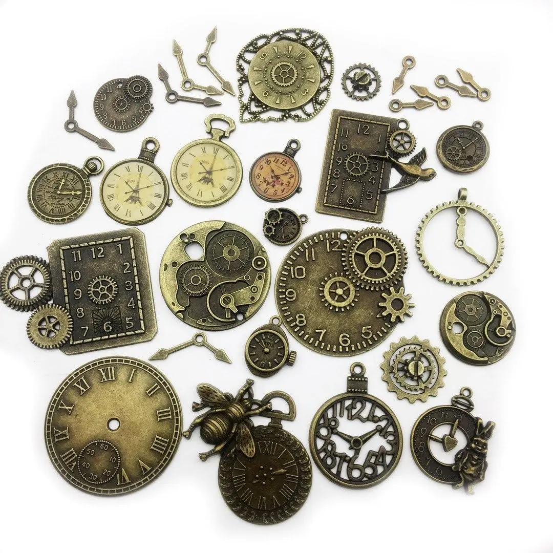 30pcs Antique Look Bronze Tone Mix Skeleton Steampunk Clock Face Watch Gear Cog Wheel Pendant Charms, Bulk Pack for DIY Enthusiasts’ Jewelry Craft Wholesale (M071)