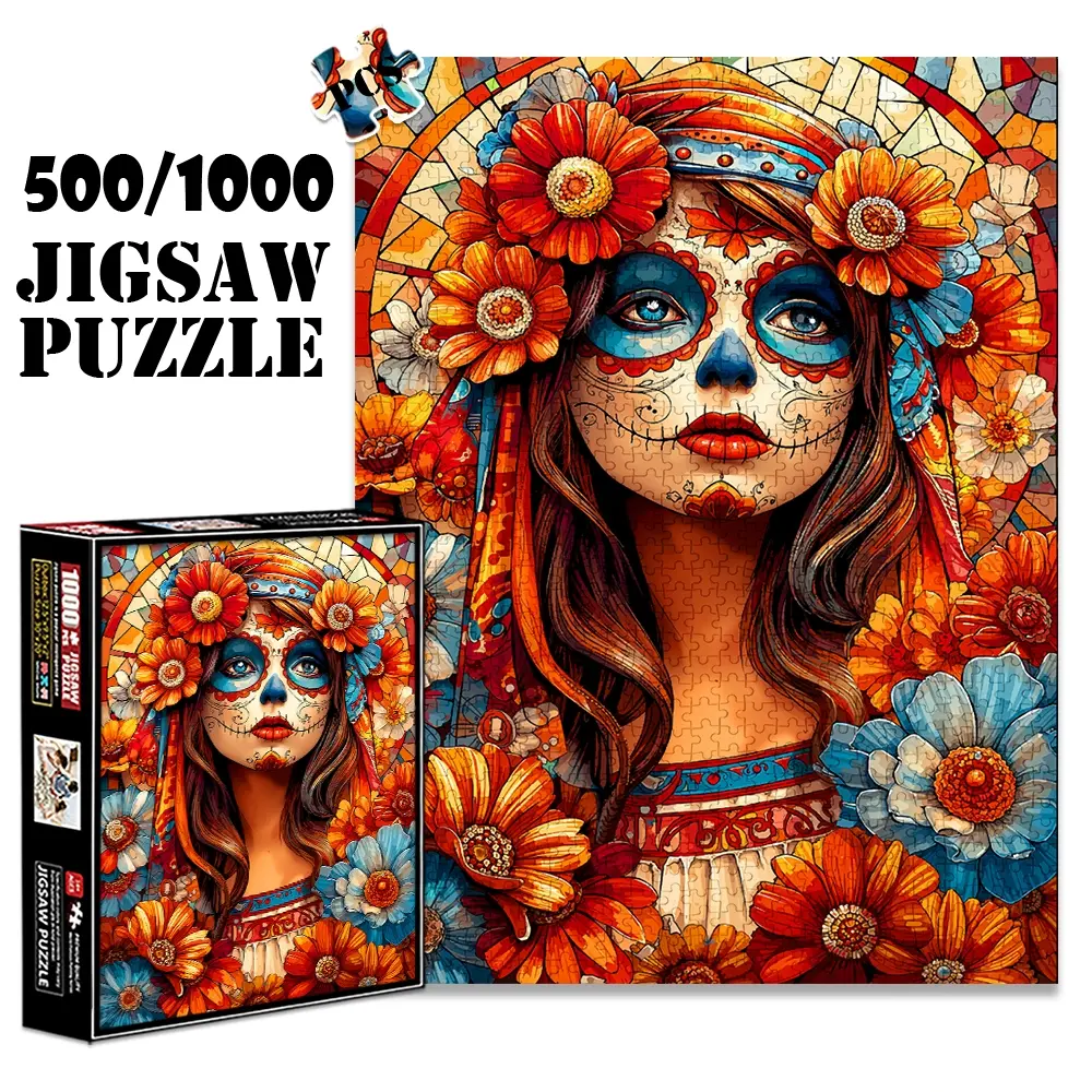 1pc 1000 piece adult puzzle 70x50cm Day of the Dead Inspired Floral - Faced Woman Artwork 500 pieces paper jigsaw puzzle suitable for DIY creative games for adults and families, birthday and holid Crafts