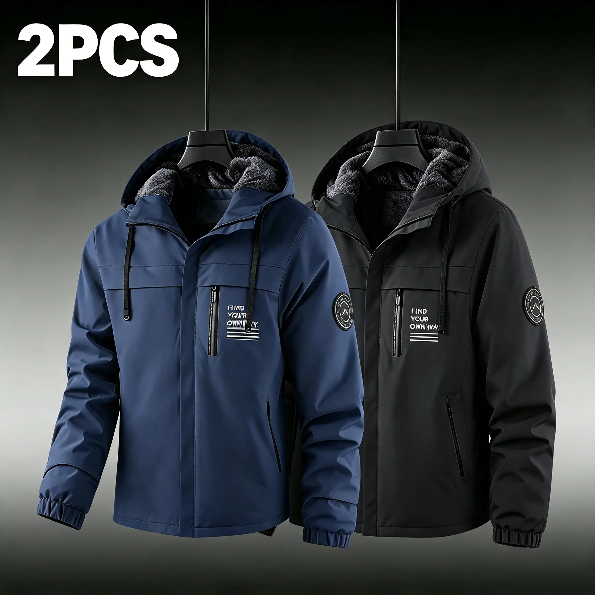 Male 2-Piece Fleece-Lined Hooded Jacket Set, Long Length Loose-Fit Polyester Menswear, Windproof Lightweight Waterproof Casual Outdoor Wear, Winter Workwear Hoodie & Sweatshirt