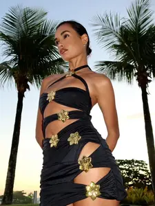 Women's Hollow Cut-Out Halter One-Piece Swimsuit Set, Sexy Flower Buckle Bikini, Sleeveless Ruched Design, All Seasons Beachwear