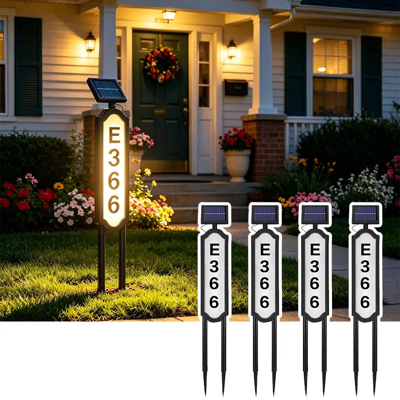 JNOEC 2-Pillar Solar-Powered Anti-Falling Address Sign - Lightweight, Warm White, ABS Frame, Ground-Inserted, Wire-Free, Auto On/Off, Nightlight Mode, IP65 Water Resistant, Prominent Plaque, Batteries-Included, Outdoor Home & Mailbox Pathway Lighting, Sol
