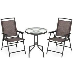 COSTWAY - 3 Pieces Patio Round Table and Folding Chairs Set with Rippled Tempered Glass Tabletop