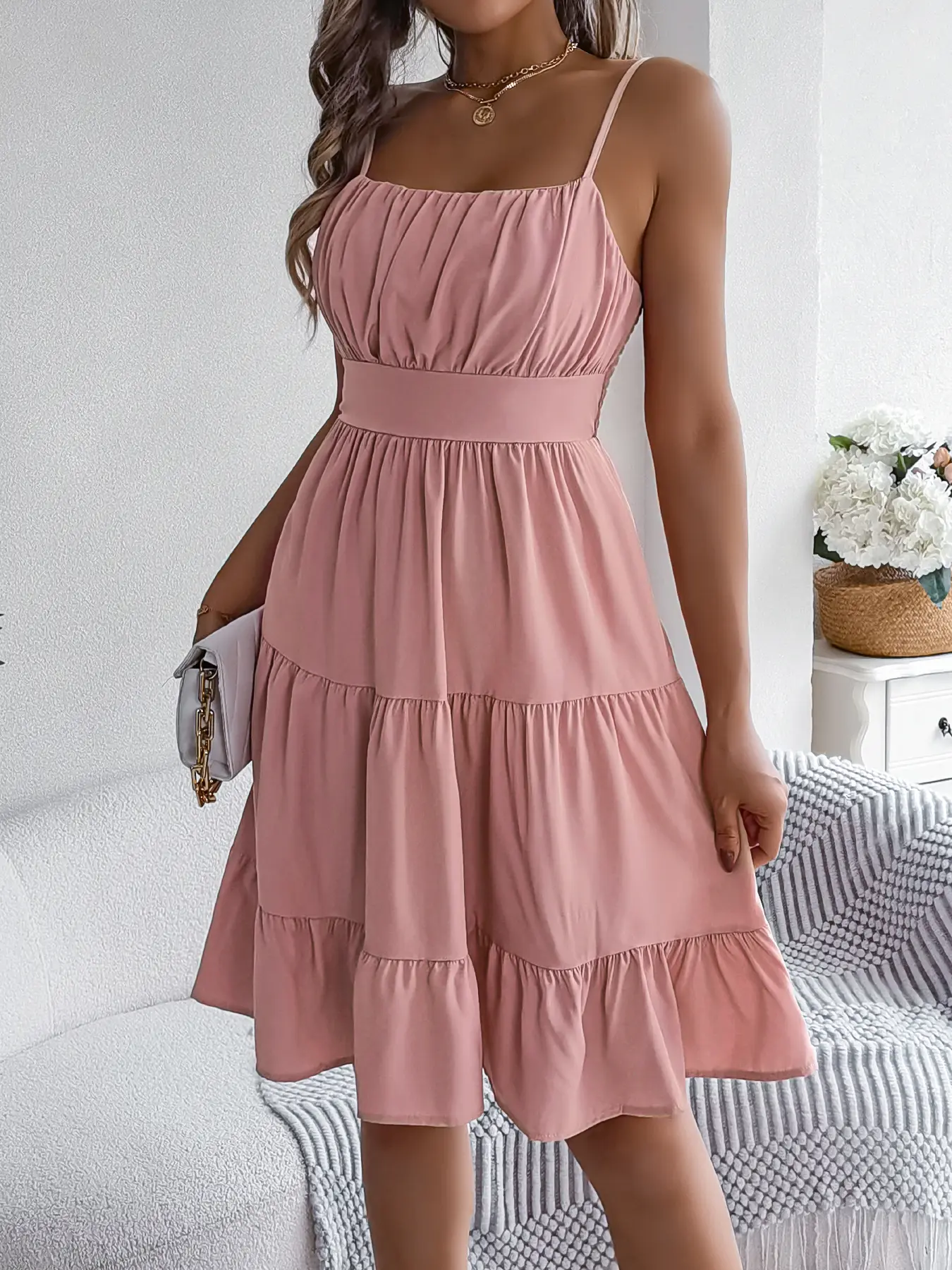 Spring Summer Casual Vacation Boho Chic A-Line Mini Dress 2026 Fashion Square Neck Solid Color Sleeveless Ruffled Camisole Skirt 2026 Valentine's Day Style Love Pink Blue Purple Yellow Black Green Red Khaki Elegance Womenswear