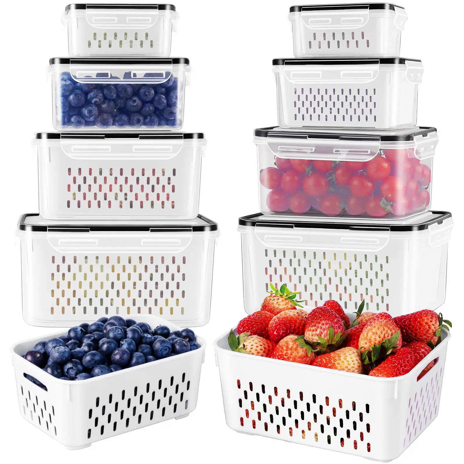 4PCS Fruit Storage Containers for Fridge with Removable Colanders, 4 Plastic Food Storage Containers with 4 Lids, Leakproof Produce Containers Keep Fruits, Vegetables, Berry, Meat Fresh Longer