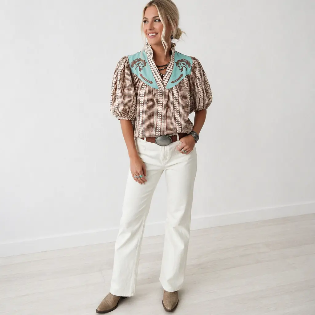 Red Western Pony Embroidered Yoke Puff Sleeve Gingham Blouse