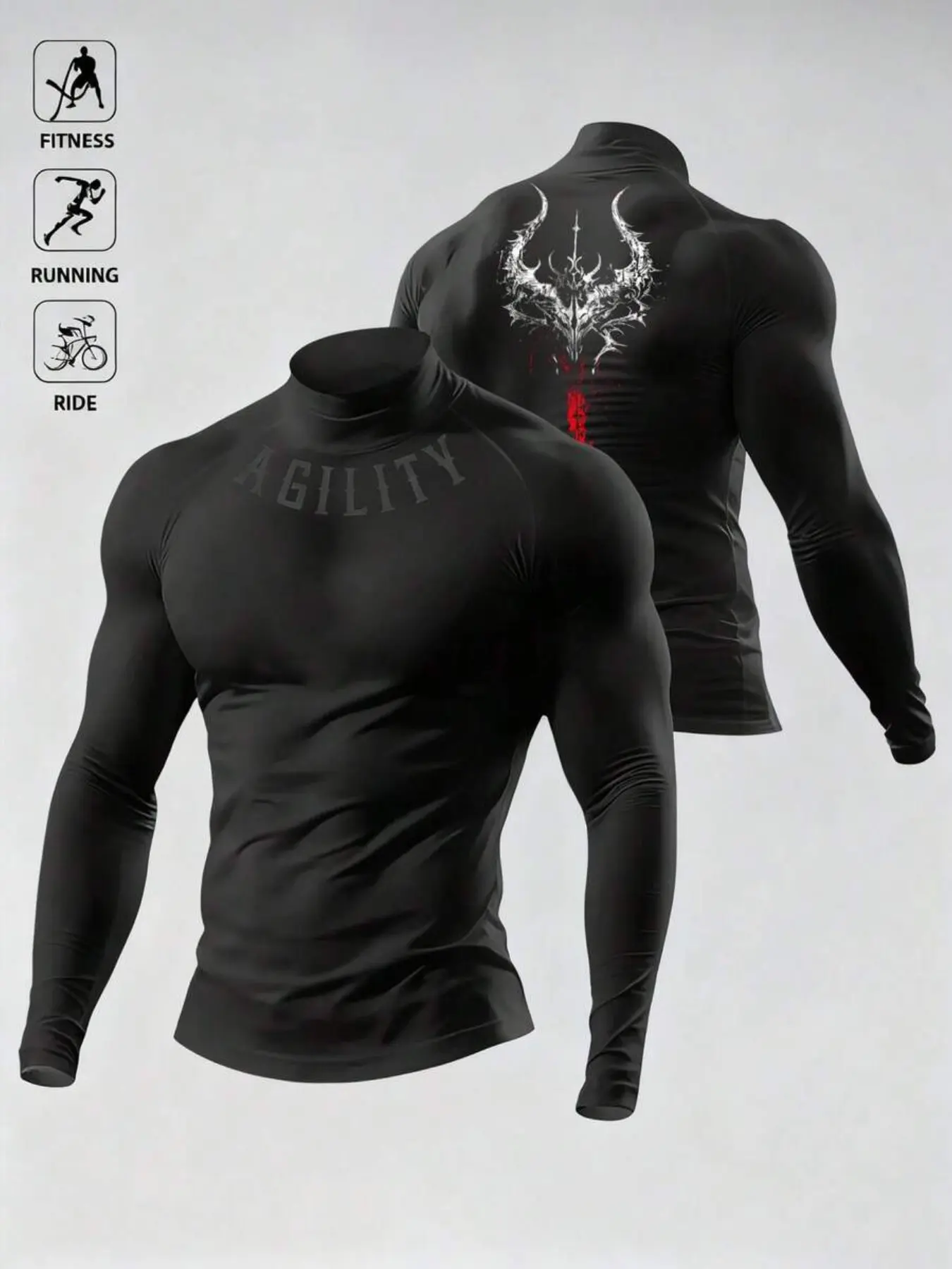 Men's High Neck Breathable Sweat Wicking Compression Long Sleeve Shirt with Gothic Thorn Back Print, Ideal for Gym Training and Outdoor Sports, Fitted Sportswear