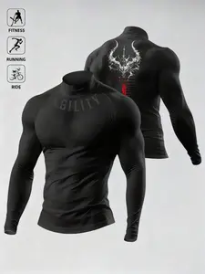 Men's High Neck Breathable Compression Long Sleeve Shirt with Gothic Thorn Back Print, Moisture Wicking Fabric, Ideal for Gym Training and Outdoor Sports, Gym Workout Shirt