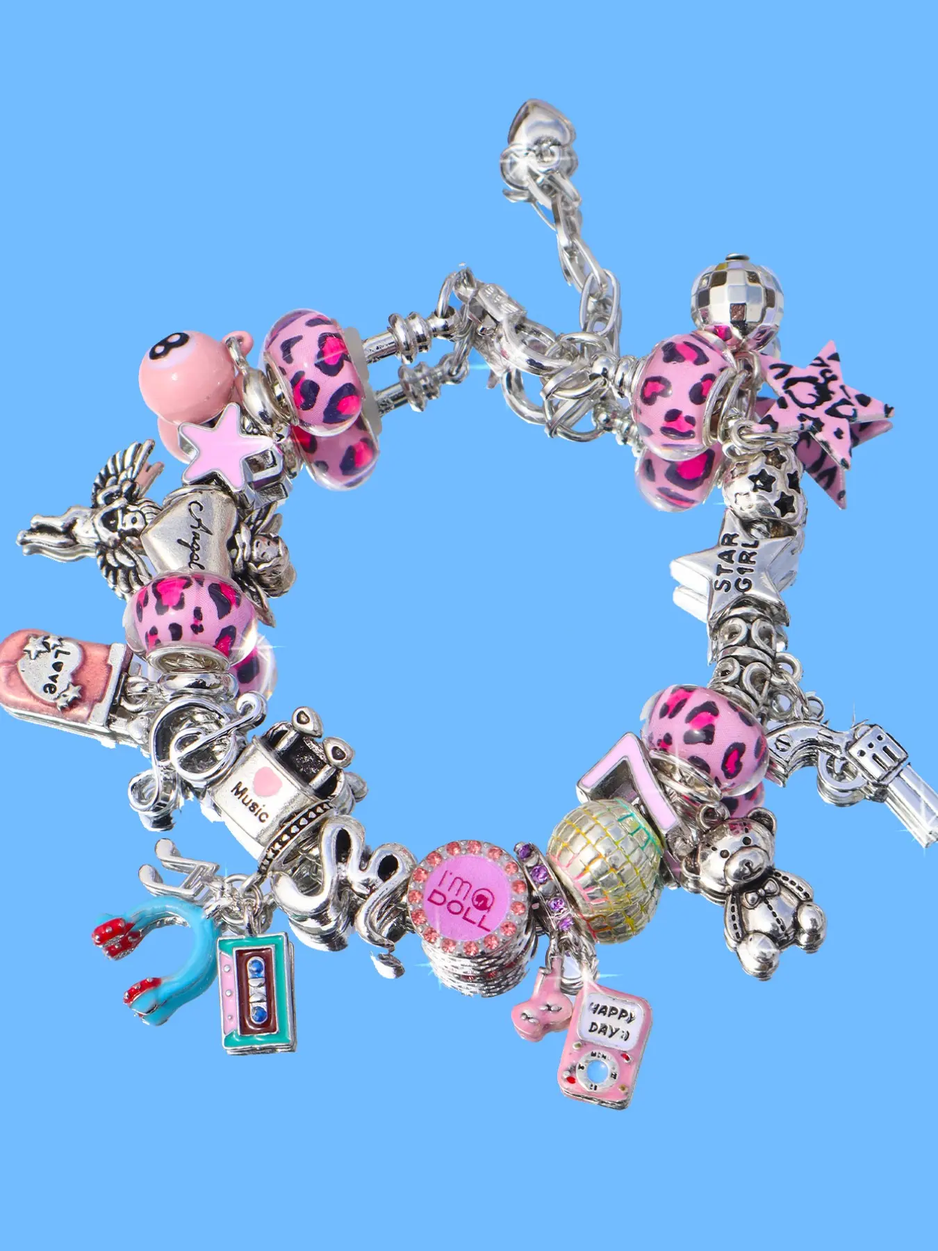 Leopard Print Bear Phone Charm Bracelet, Fashion Star Pattern Bracelet, DIY Disco Ball Earphone Bracelet, Cute Angel Bracelet, Phone Chain, Phone Accessories