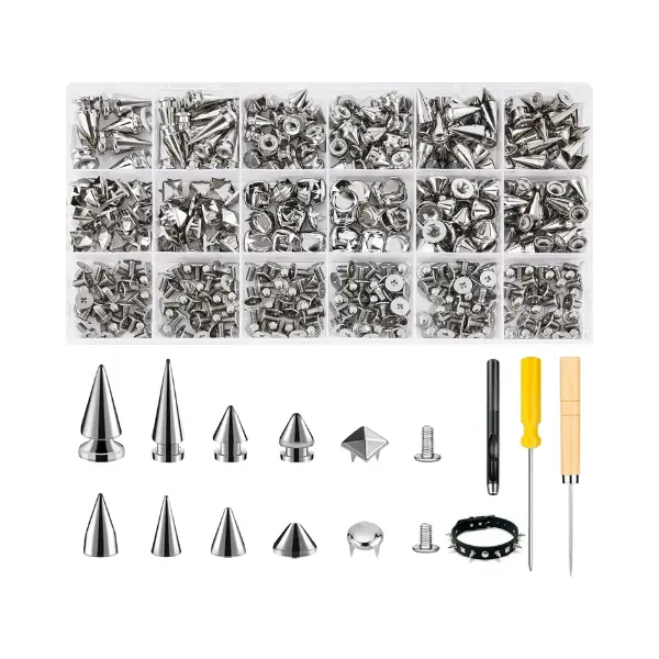 455PCS Punk Spikes and Studs Kit for Clothing, 12 Sizes Premium Metal Cone Spikes, Square Pyramid Studs & Round Dome Rivets for Leathercraft and Punk Style DIY Craft Decoration