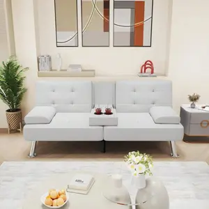 Modern Faux Leather Futon Sofa Bed For Living Room Convertible Folding Adjustable Recliner With 2 Cup Holders Fur Bean Bag dining Double Sliding Tub Door coffee C-Shaped Table