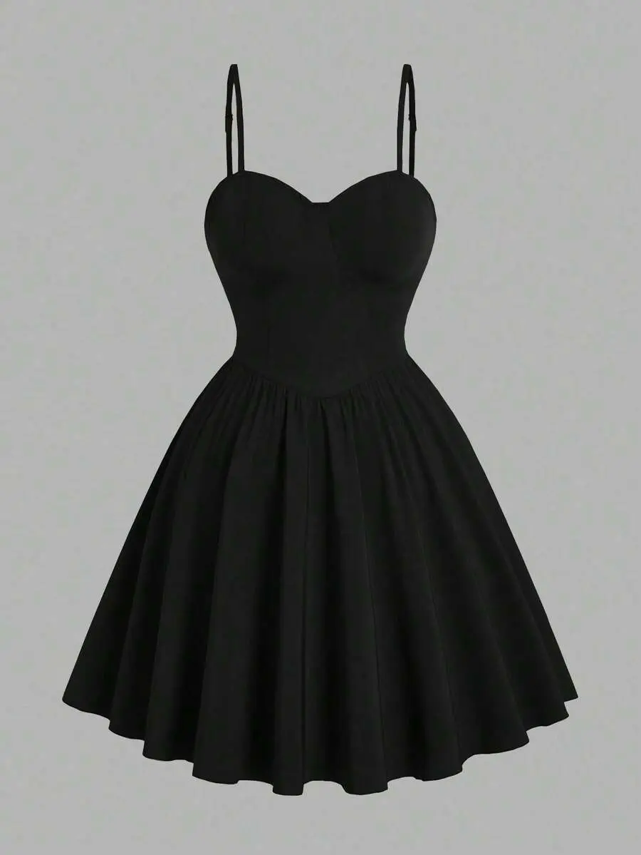 Sweetra Solid Color Spaghetti Strap Waist Cinching Romantic Mini Dress
