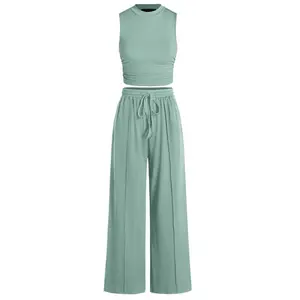 Women's Summer 2-Piece Outfits - Ribbed Knit Crew Neck Sleeveless Cropped Top & Wide Leg Pants Lounge Set - Overalls, Womenswear