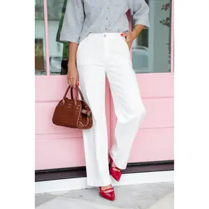 Risen Mid Rise Cream Adjustable Waistband Wide Leg Pleated Jeans