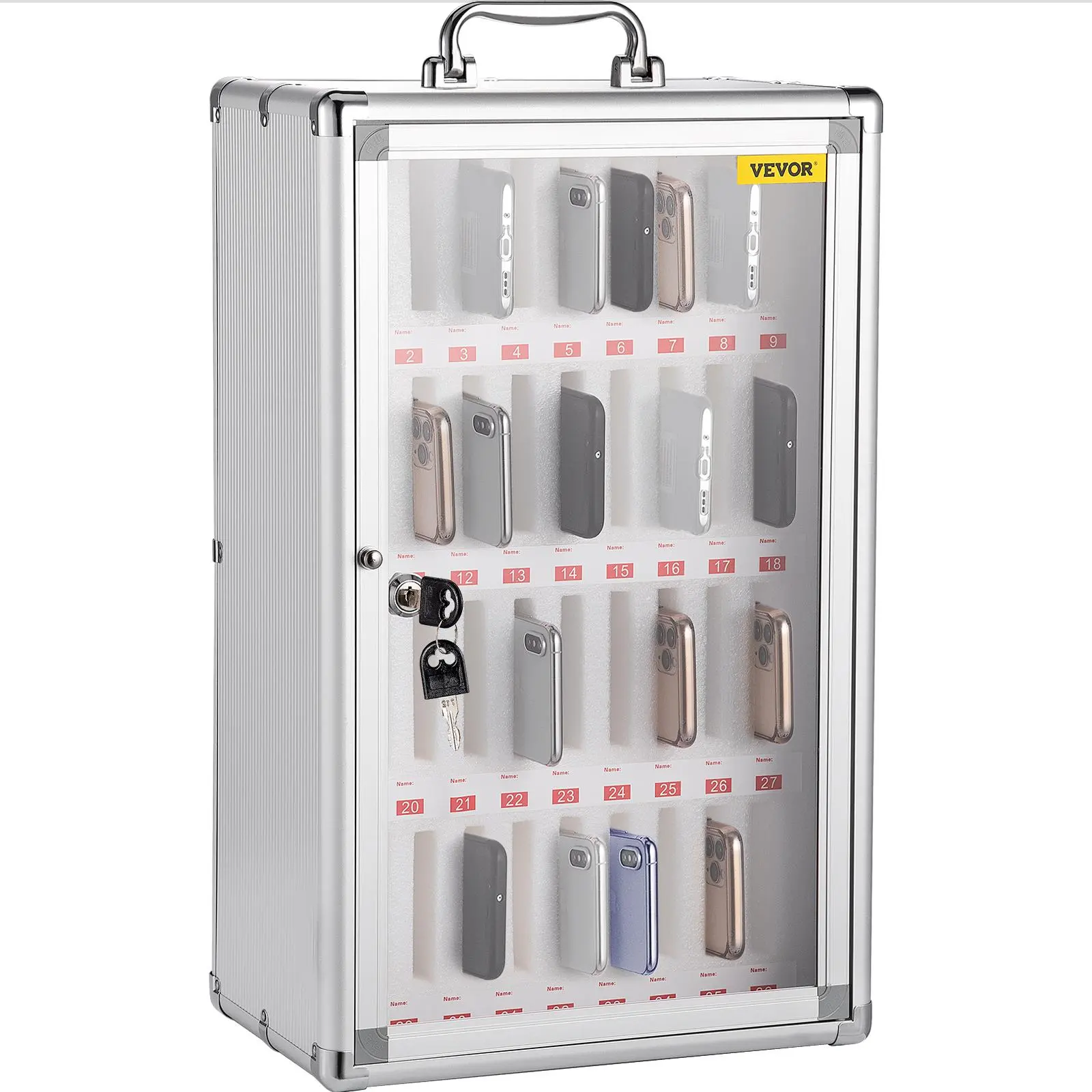 VEVOR 36-Slot Silver Aluminum Alloy Storage Cabinet, Large Capacity Transparent Water-Resistant Compartment Cell Phone Locker (12.6"x7.9"x20.1"/32x20x51cm) with Portable Handle, Key Lock, Handwritten Number Tags, Wall Mount for Classroom, Office, Buckle