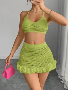Summer Beach Vacation Fashion Chic Knitted Beachwear Cover Up Two-Piece Set, Sexy Tie Up Crop Top and Slim-Fit Skirt for Bikinis
