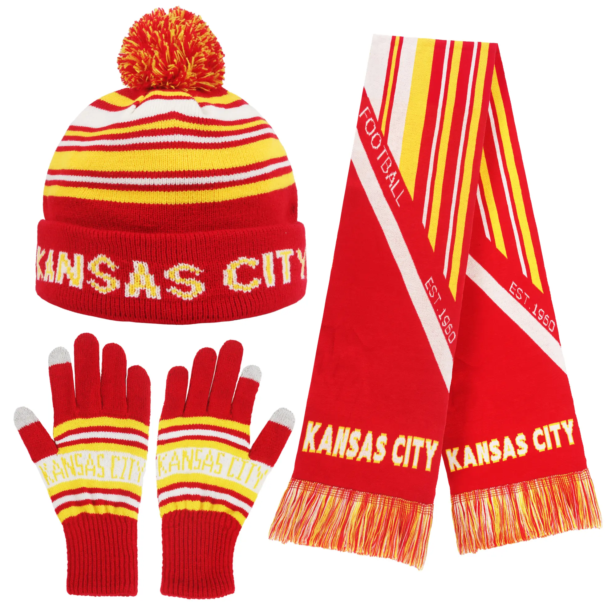 Knitted Kansas City Ribbed Beanie Scarf & Gloves Set Jacquard Design Elastic Warm Winter Accessories for Football Fans Winter Fashion