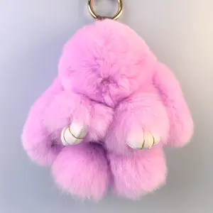 Handmade Soft Bunny PomPom Keychain in Pink with Gold Accents Tin Material Valentine's Day Lover's Gift for Keys or Bag Fluffy