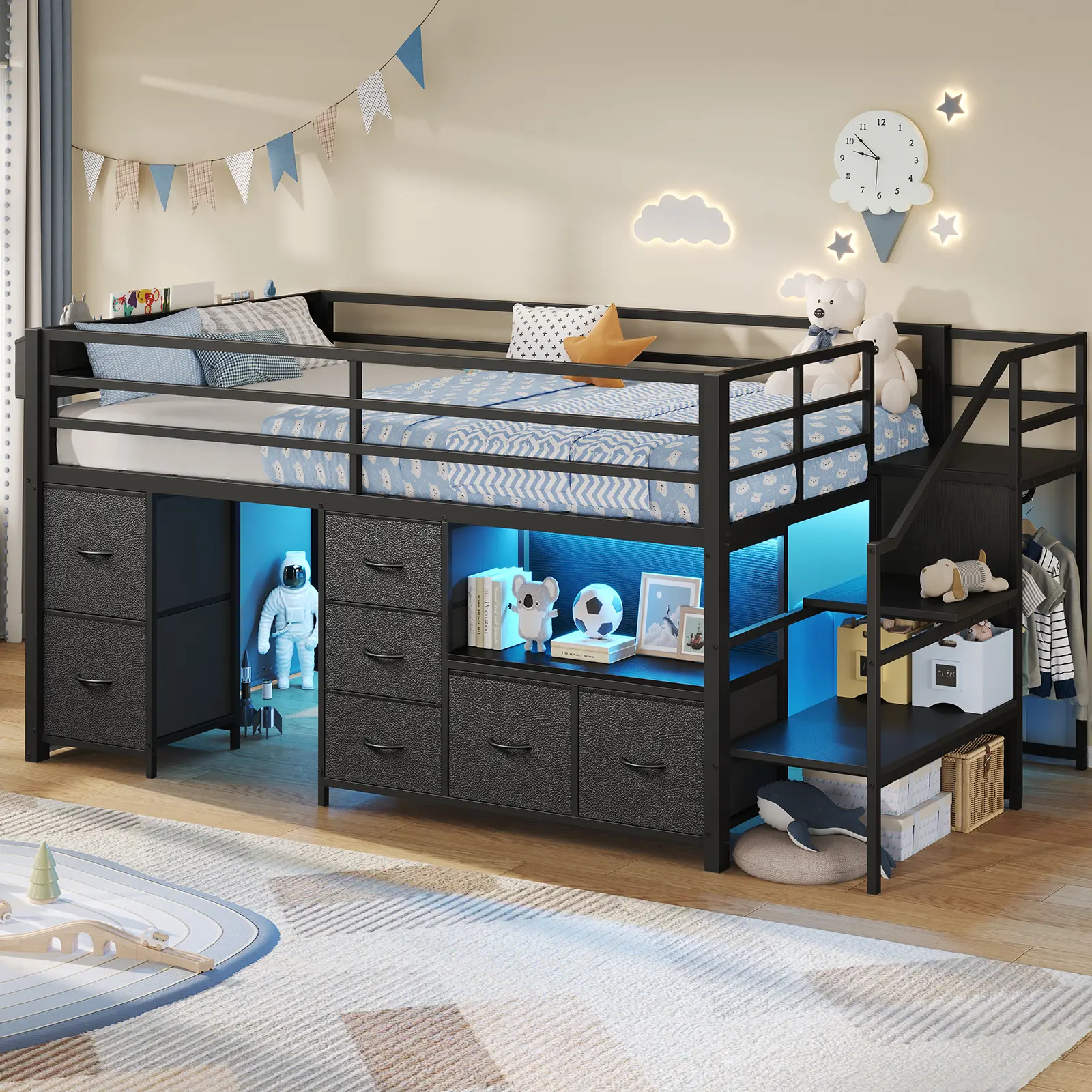 ADORNEVE Low Loft Bed Twin Size with Stairs,7 Drawers, Bookcase and LED Lights, Metal Kids Loft Bed with 14" H Safety Guardrail,Inclined Ladder and Play Curtain, Under-Bed Play Space,dorm essentials,home decor