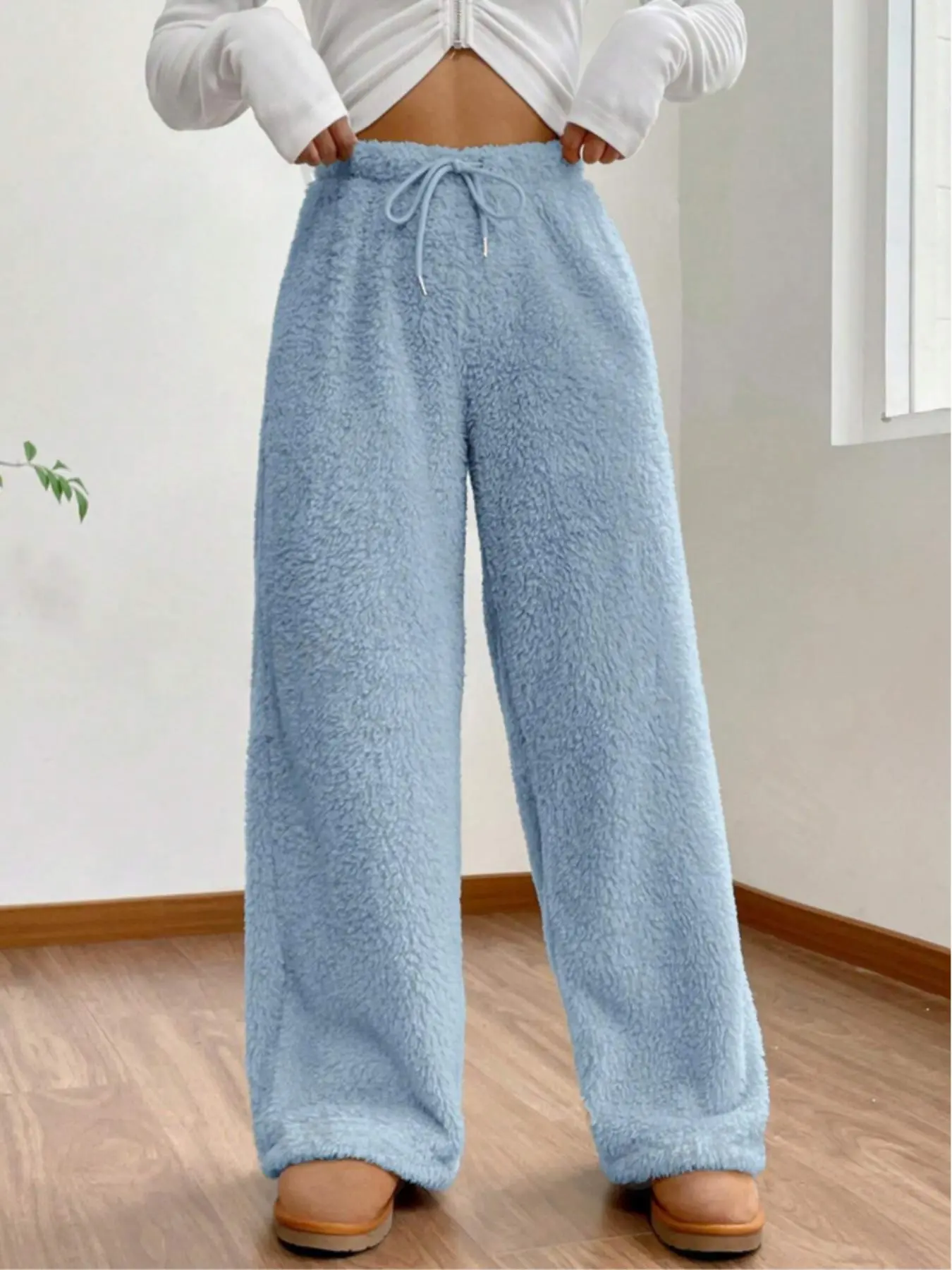 Women's Solid Drawstring Adjustable High Waist Fit Plush Straight Leg Pants, Casual High Rise Fitted Pants, Casual Comfy Warm Trousers for Fall & Winter, Women's Bottoms for Daily Wear, Casual Work Pants