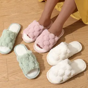 Open Toe Slippers for Women Couples Fluffy Faux Fur Trim Plush Comfortable Fuzzy Soft Cozy Comfy Indoor Outdoor Footwear Warm Comfortable Winter Slide