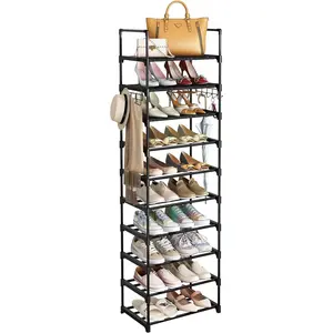 MOMOK Waterproof 10-Tier Metal Shoe Rack Set, Tall Organizer for 20-24 Shoes and Boots, with Hooks for Closet, Entryway, or Bedroom (Black).