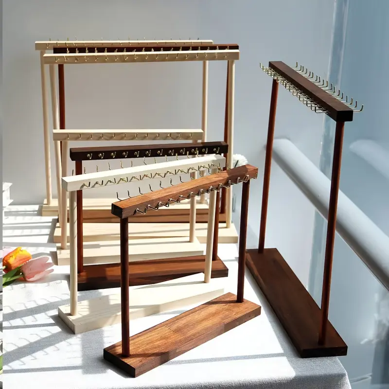 1PC Solid Wood Double Row Hook Jewelry Cosmetic Display Stand Hanging Floating Rack Wooden