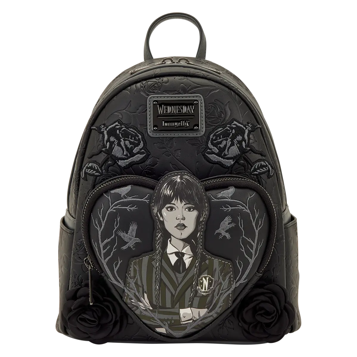 Wednesday Roses Cartoon Character Mini Backpack, Faux Leather Bag with 3D Floral Embroidery and Heart-Shaped Pocket, Book Character Graphic Backpacks, Cartoon Character Backpacks