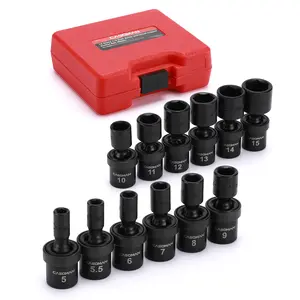 CASOMAN 1/4-Inch Drive Shallow Universal Impact Socket Set, Metric, 12 Pieces Set, 5mm to 15mm, 6-Point, Cr-Mo, Swivel Socket Tool Box fathersdaygift