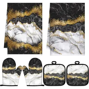 6 pcs farmhouse marble kitchen towels pot holders oven mitts set 2 dish towels 2 potholders 2 cooking mittens oven glove for cooking baking grilling supply black gold