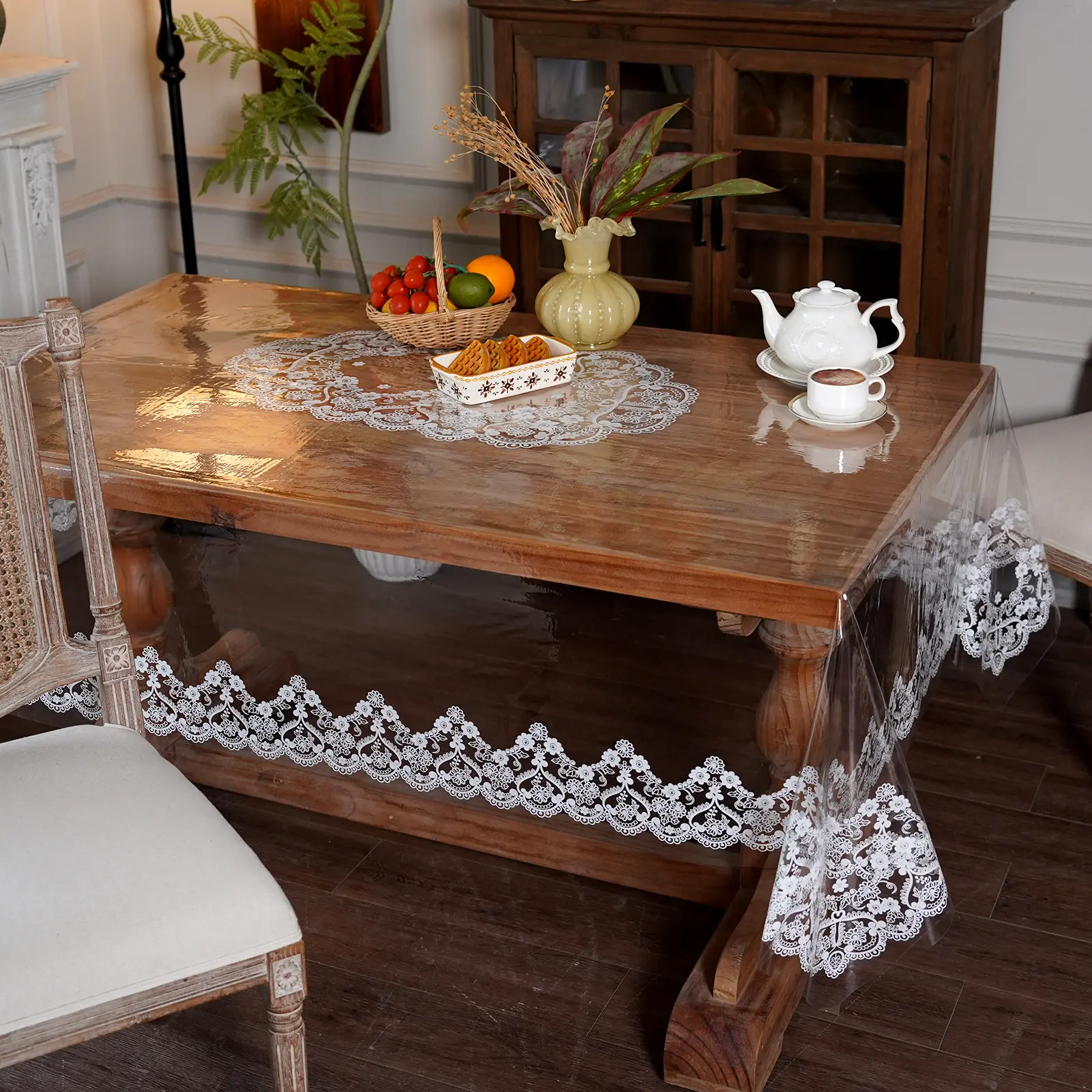 Artbloss Clear Table Protector Cover Vinyl Rectangle PVC Tablecloth with Lace Pattern Waterproof Oil Proof Wipeable Plastic Tablecloths for Home Kitchen Dining Table