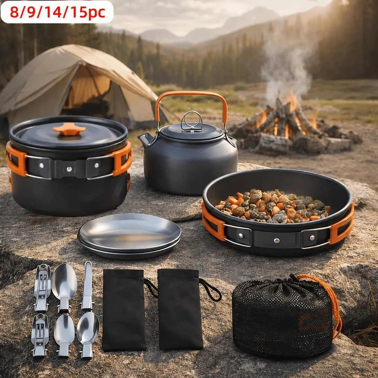 8/9/14/15pcs Camping Cookware Mess Kit, Portable Non-Stick Aluminum Alloy Cookware, Kettle Pot Frying Pan Plates Forks Knives Spoons for Camping, Backpacking, Outdoor Cooking