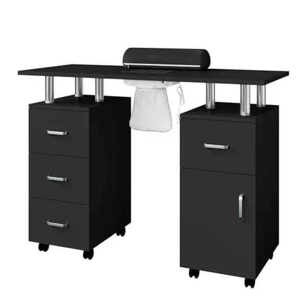 42" Black Nail Table Station - Salon Furniture, Commercial Beauty Salon Equipment, Rolling Desk with Dust Collector, Lockable Wheels, 4 Storage Drawers, Arm Rest, Acetone-Resistant Top, Storage Cabinet for Nail Techs