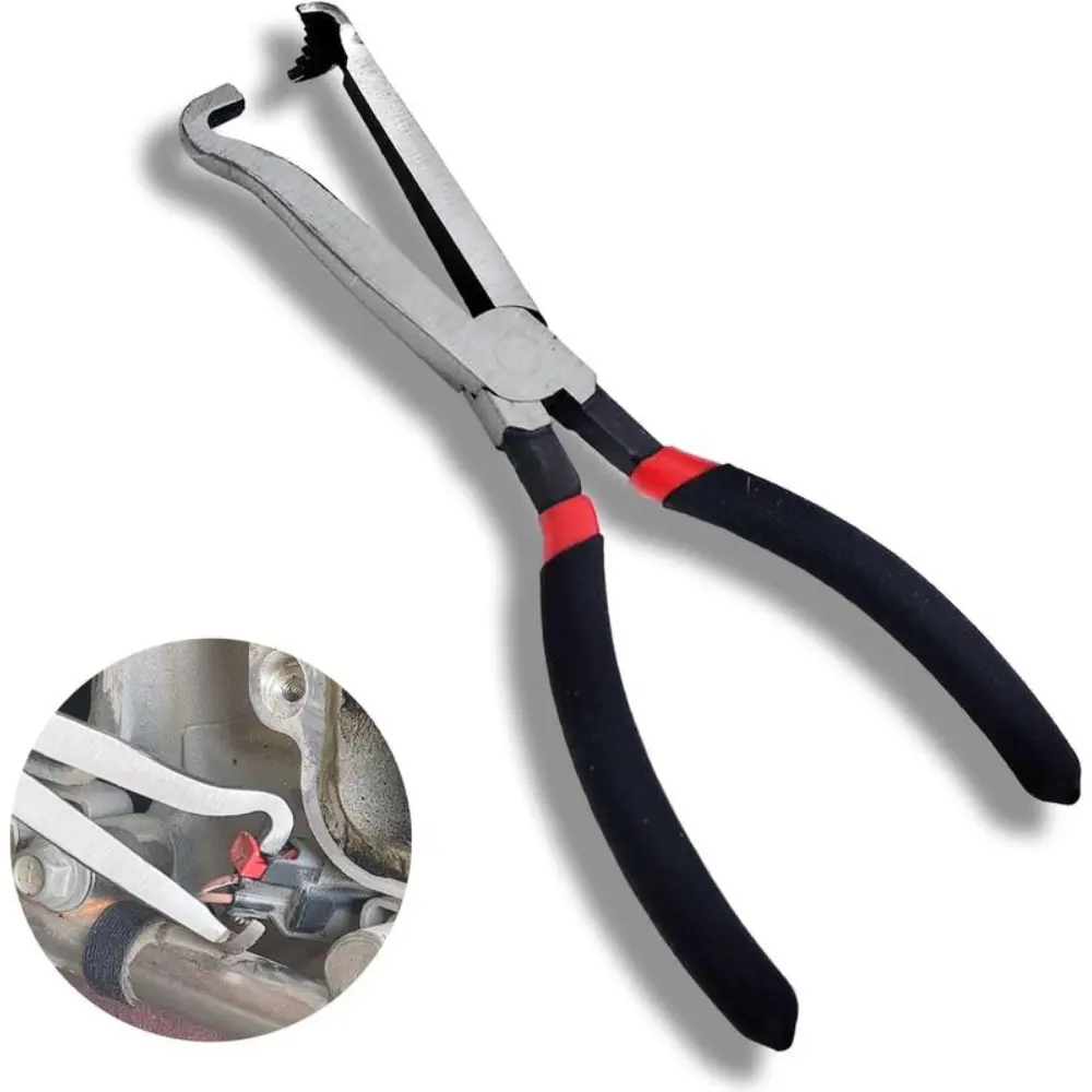 8-in Rust-Resistant Heavy Duty Carbon Steel Electrical Disconnect Pliers, Curved Rake Jaw, Black Handles, Silver Click-Type Clips, Connector & Fuel Injector Removal Tool for Automotive Workers