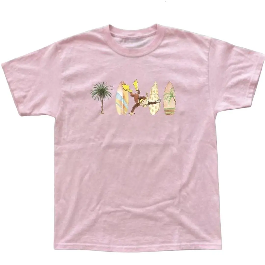 Vintage Curious George Beach Surf Graphic Pink Tee Cute Y2K Summer Cartoon T-Shirt