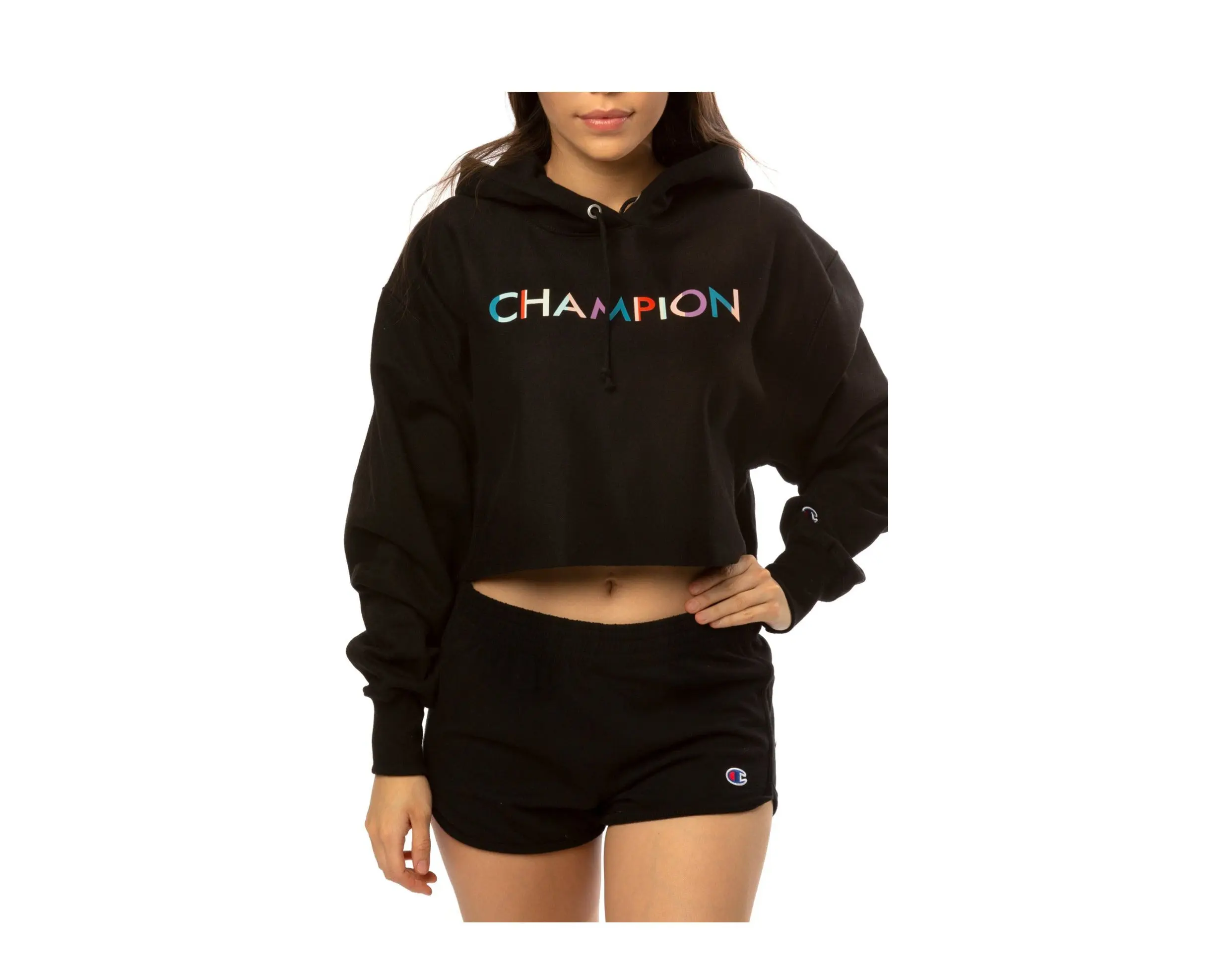 Champion C Life Reverse Weave Cropped Colorblock Hoodie in Black | Pullover