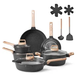 【Summervibes】VEVOR 17 Piece Pots and Pans Set Nonstick,  , Granite Cookware Set, Induction Cookwares, Kitchen RV Cooking Sets with Frying, Sauce, Saute, Tempered Glass Lids, and Pan Protectors, Black