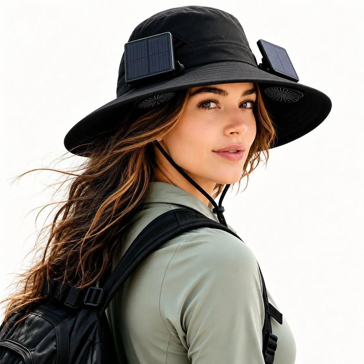 Unisex solar-powered fan sun hat with wide brim, UV protection fisherman hat, equipped with 2 solar cooling fans, with windproof chin strap, lightweight outdoor bucket hat, suitable for fishing, hiking, camping, beach, and gardening work