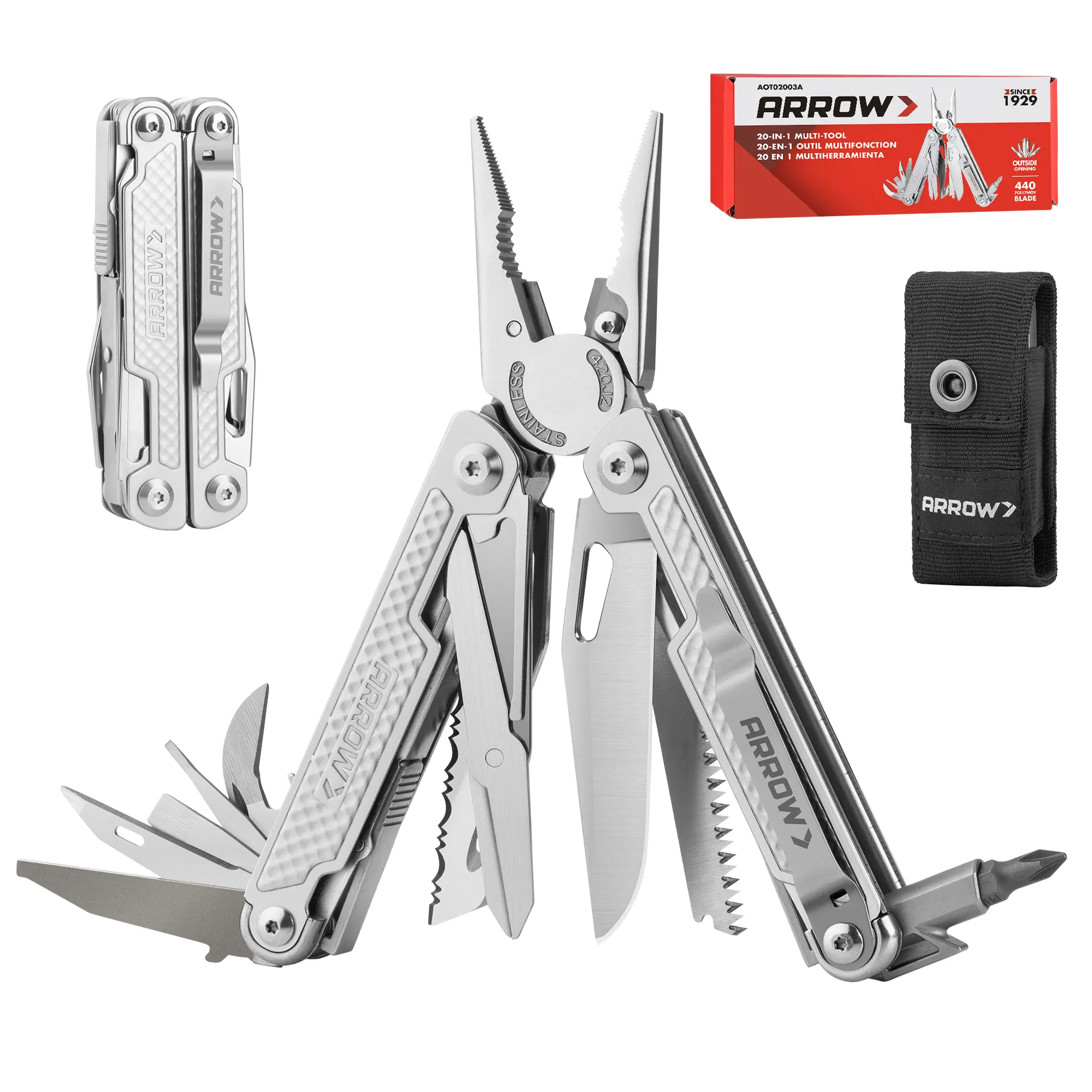 #summersale ARROW 20-In-1 Multi Tool Pliers, Gifts for Men Dad, Stainless Steel EDC Multitool with Pocket Knife, Sheath and Pocket Clip, Safety Locks, Multi-Use Tool for Outdoor, Camping, Hiking