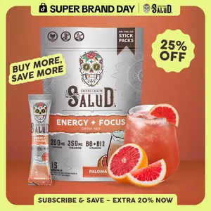 Salud 2-in-1 [Energy + Focus – Paloma] Clean Energy Drink Mix, Agua Fresca, Organic Caffeine, B6 & B12, L-Theanine, Drink Packets, Non-GMO, Gluten Free, Vegan, Low Calorie, 1g Sugar (15 Servings)