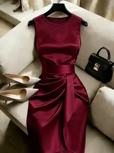 Silk Midi Dress, Round Neck Bodycon Dress, Summer Wine Silk Wrap Dress, Sleeveless High Waist Design, Elegant Office Wear