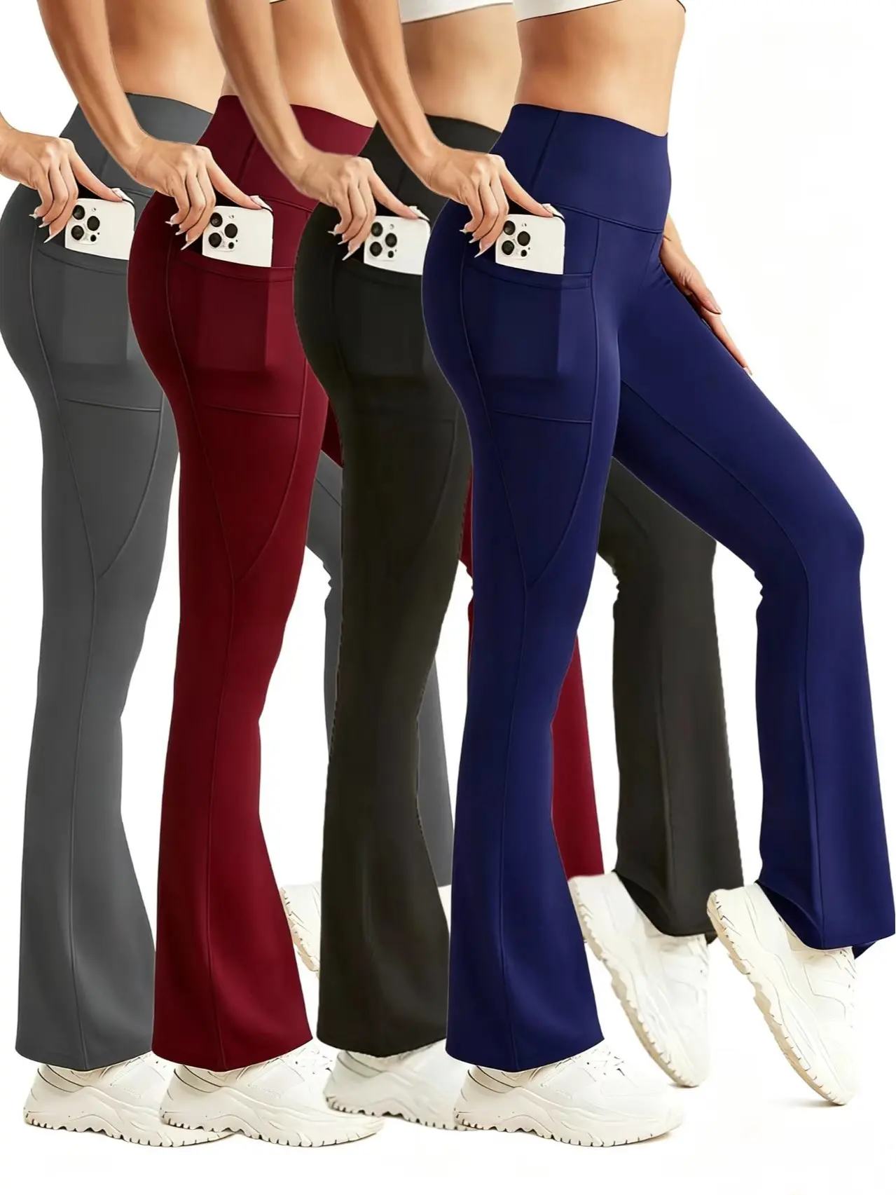 Women's 4-Pack High Waist Full Length Flare Leggings with Pockets - Highly Stretchy All-Season Athletic Look Bottoms, Basic Casual Layering Wear