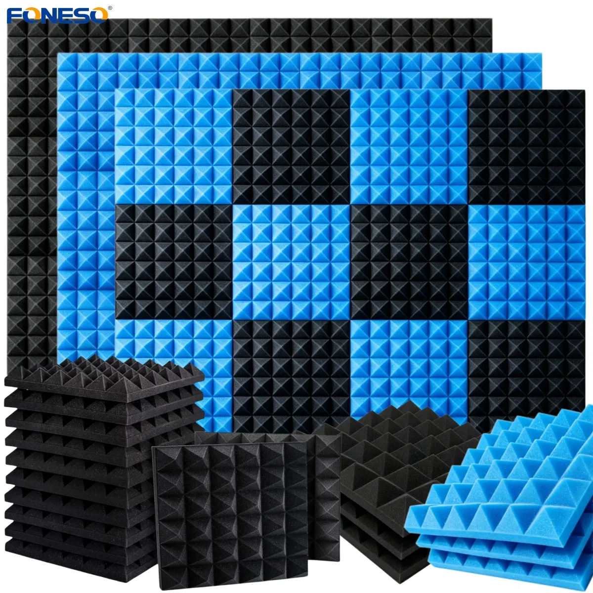 12"x12"x2" Pyramid Soundproof Acoustic Foam Panels 25kg/m³ High Density Fire Retardant Noise Dampening Foam Wall Panels, Sound Absorbing Acoustic Treatment for Recording Studio, Ceiling, Office Meeting Room & Home Decoration, 12 to 24 Pack