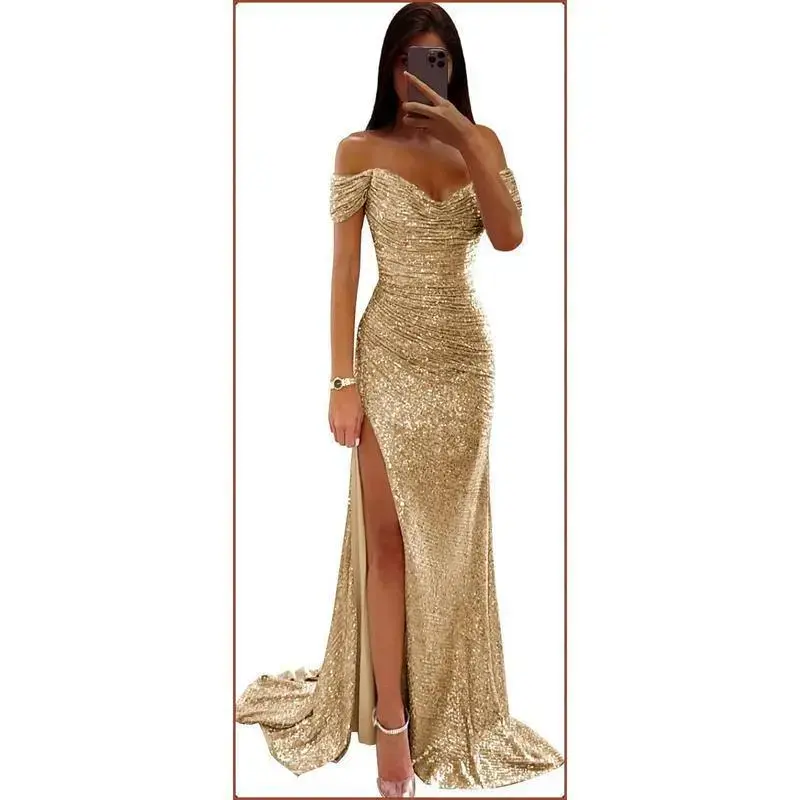 Women's Off-the-Shoulder Pleated Split Bridesmaid Dress - Lady's Formal Dresses for Women, Party & Festival Evening Gown