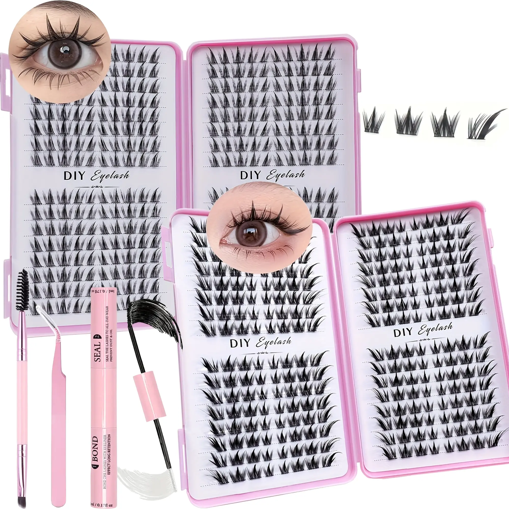 2 boxes of anime false eyelash set, Eyelash Kit, DIY eyelash extension set, DIY Volume Eyelashes, C curl mixed length role-playing styling anime single false eyelash Cluster Eyelash Extensions set, eyelash double head glue, eyelash clip
