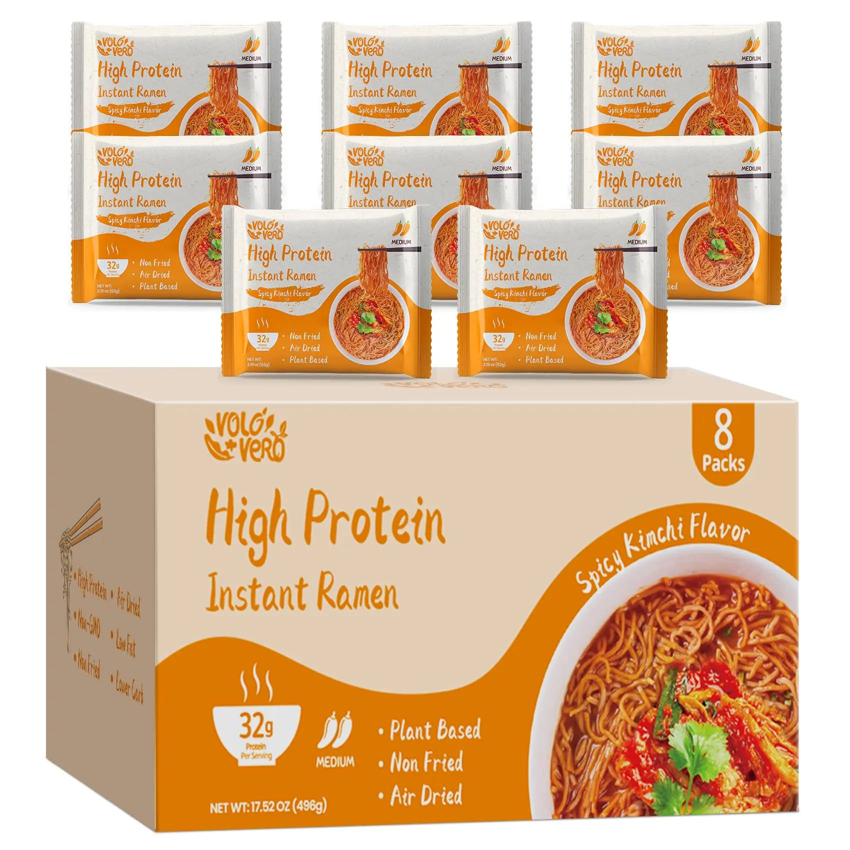 VOLO VERO High Protein (32g) Non-Fried Vegan Plant-Based Instant Ramen Noodle Soup, Spicy Kimchi Flavor, 8-Pack Ambient Food, Low Fat, Egg-Free, Dairy-Free Healthy Asian Meal
